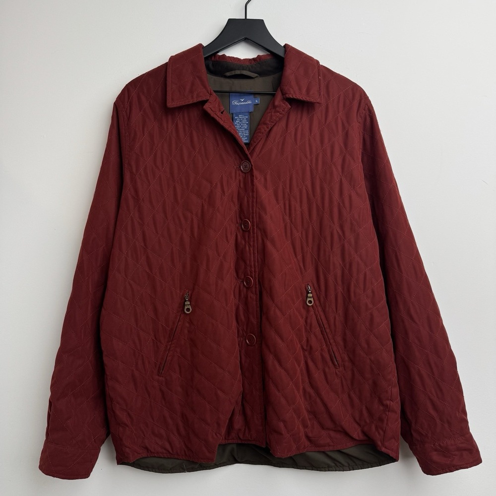VTG Faconnable Quilt Barn Jacket Womens Red XL Button Front Equestrian France